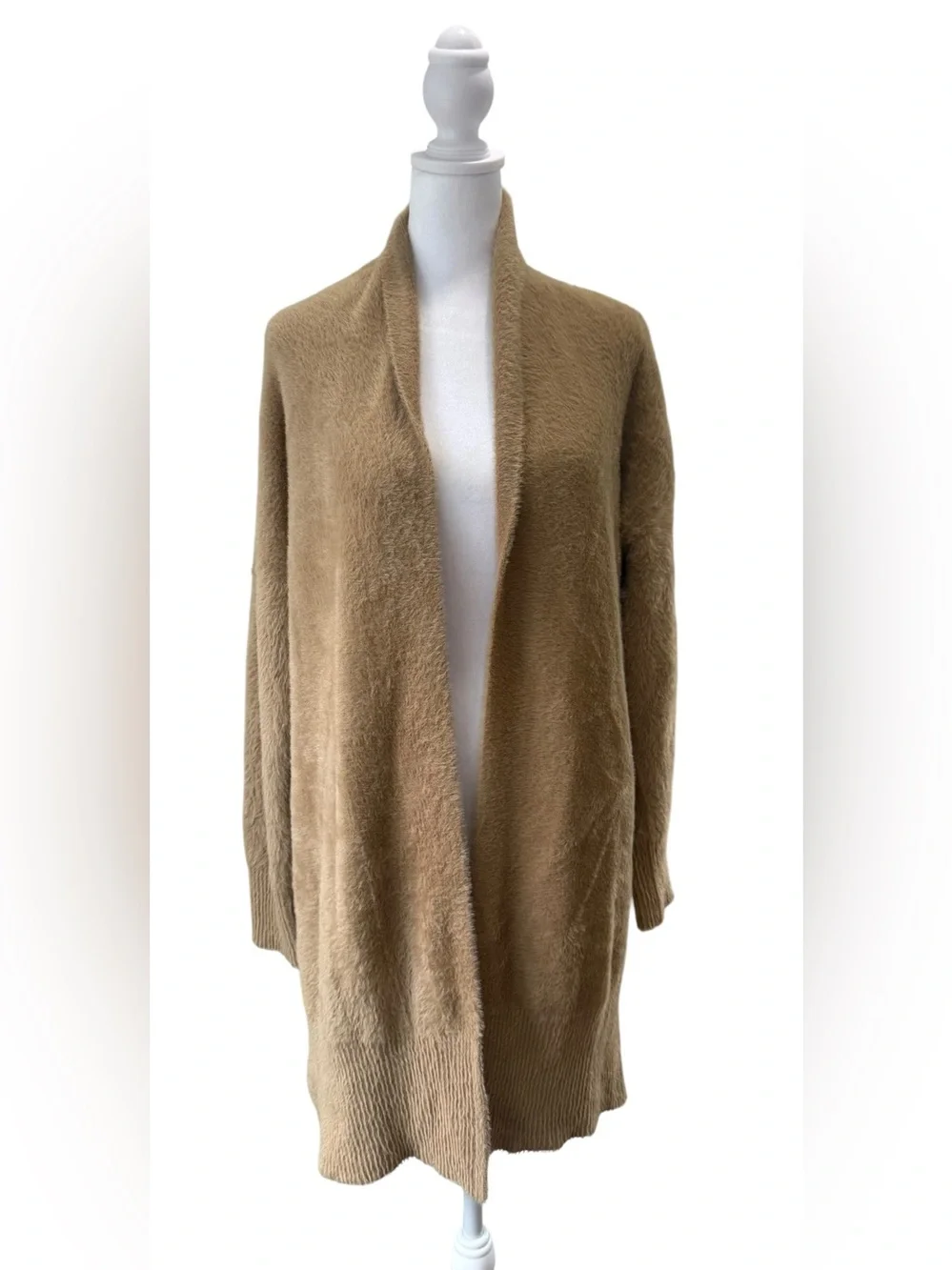 EUC Rachel Zoe Fuzzy Longline Open Front Cardigan Camel Cozy Knit Sweater XS
